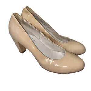 AGL Attilio Giusti Leombruni Nude Beige Patent Leather Block Heel Pumps Size 39